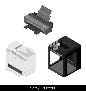 Printing house concept. 3D printer, lasser print high quality print isometric view. Isolated on white background. Vector Stock Vector