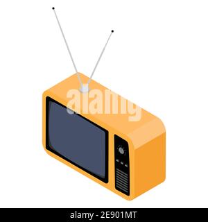 Vector illustration orange retro TV with antenna isometric view isolated on white background. Retro television concept. Stock Vector