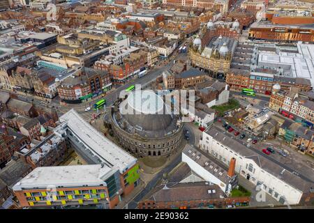 Aerial photo of the famous Leeds Corn Exchange a Victorian building in West Yorkshire, England, which was designed by Cuthbert Brodrick, taken on a su Stock Photo