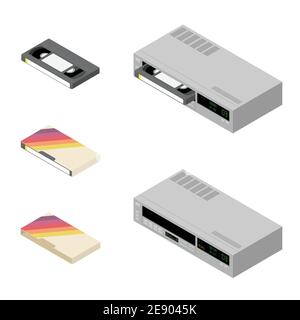 Retro old video recorder and vhs cassettes isolated on white background. Isometric view. Vector Stock Vector