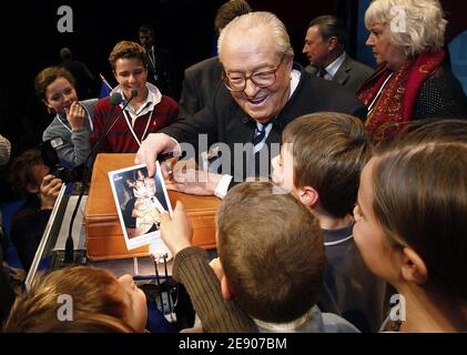 Jean-Marie Le Pen attends the 13th National Front's congress in Bordeaux, France on November 17, 2007. Le Pen has been re-elected president of the National Front, and got 97.67 percent of members' votes, has said this will almost certainly be his last three-year term as leader of the party he founded in 1972. Photo by Patrick Bernard/ABACAPRESS.COM Stock Photo