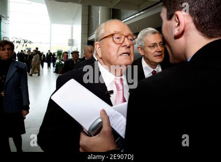 Jean-Marie Le Pen attends the 13th National Front's congress in Bordeaux, France on November 17, 2007. Le Pen has been re-elected president of the National Front, and got 97.67 percent of members' votes, has said this will almost certainly be his last three-year term as leader of the party he founded in 1972. Photo by Patrick Bernard/ABACAPRESS.COM Stock Photo