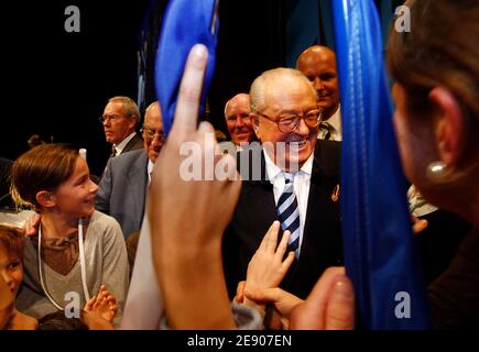 Jean-Marie Le Pen attends the 13th National Front's congress in Bordeaux, France on November 17, 2007. Le Pen has been re-elected president of the National Front, and got 97.67 percent of members' votes, has said this will almost certainly be his last three-year term as leader of the party he founded in 1972. Photo by Patrick Bernard/ABACAPRESS.COM Stock Photo