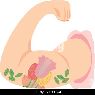 womens day, strong female arm with flowers in cartoon style vector illustration Stock Vector