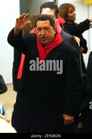 Venezuelan President Hugo Chavez waves upon his arrival at Orly airport near Paris, France on November 19, 2007. Chavez said yesterday that he was 'certain' that Franco-Colombian politician Ingrid Betancourt, who was taken hostage in Columbia in 2002, was still alive. Chavez, who is acting as mediator in efforts to release hostages held by the Revolutionary Armed Forces of Colombia (FARC), is to meet tomorrow President Nicolas Sarkozy. Photo by Mehdi Taamallah/ABACAPRESS.COM