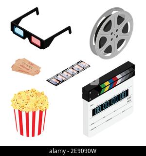 Cinema icons set. Movie industry objects. Colorful cinema illustrations isolated on white. Design elements for movie theater. Vector Stock Vector