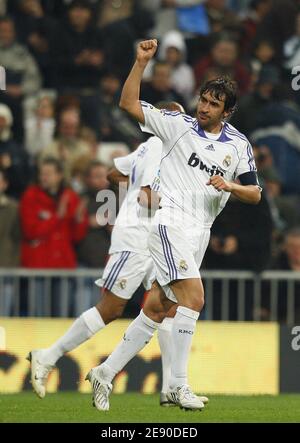 Real Madrid's Raul Gonzalez celebrates a goal during the Spanish League soccer match between Real Madrid and Racing Santander at the Santiago Bernabeu Stadium in Madrid, Spain on December 1, 2007. Real won 3-1. Photo by Christian Liewig/ABACAPRESS.COM Stock Photo