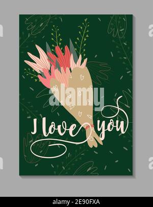 Vector flat card with a bouquet of tulips on the green background. Tender vector illustration with a bouquet of flowers. Bouquet for valentine's day, Stock Vector