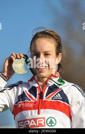 Great Britain's Stephanie Twell celebrates her victory on womens junior during the 14 th European Cross Country Championships, in Toro, Spain, on December 9, 2007. Photo by Stephane Kempinaire/Cameleon/ABACAPRESS.COM Stock Photo