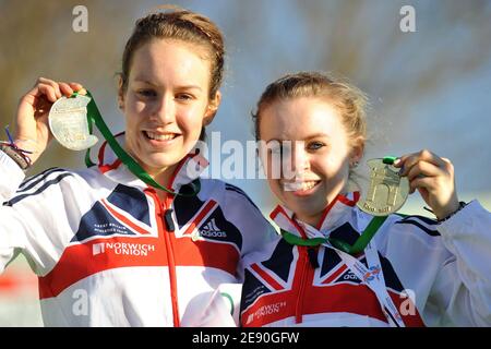 Great Britain's Stephanie Twell celebrates her victory with team mate Charlotte Purdue bronze medal on womens junior during the 14 th European Cross Country Championships, in Toro, Spain, on December 9, 2007. Photo by Stephane Kempinaire/Cameleon/ABACAPRESS.COM Stock Photo