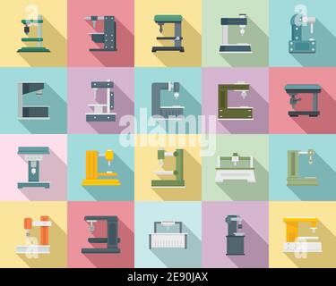 Milling machine icons set, flat style Stock Vector