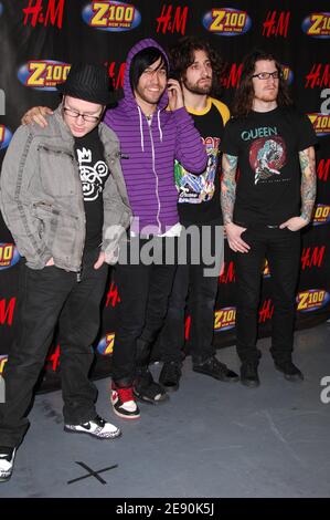 (L-R) Musicians Patrick Stump, Pete Wentz, Andy Hurley and Joe Trohman of Fall Out Boy pose for a photo in the press room during Z100's Jingle Ball 2007, held at the Madison Square Garden in New York City, NY, USA on December 14, 2007. Photo by Gregorio Binuya/ABACAPRESS.COM Stock Photo