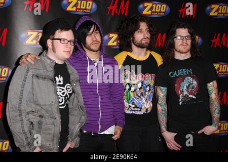 (L-R) Musicians Patrick Stump, Pete Wentz, Andy Hurley and Joe Trohman of Fall Out Boy pose for a photo in the press room during Z100's Jingle Ball 2007, held at the Madison Square Garden in New York City, NY, USA on December 14, 2007. Photo by Gregorio Binuya/ABACAPRESS.COM Stock Photo