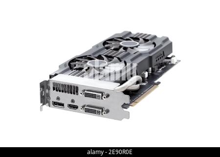 video card with connectors for connecting a monitor component of computer devices design with vga and hdmi connector, graphic gpu isolated on white ba Stock Photo