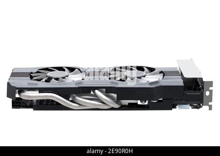 video card with heat pipes and dual fans for cooling the gaming accelerator for video games and high fps, computer parts technical device for upgrade Stock Photo