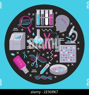 DNA research round concept in flat style. Genetic testing and genome sequencing symbols. Medical banner or poster template. Stock Vector