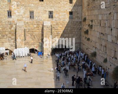 Jewish men praying by the Wailing Wall Stock Photo