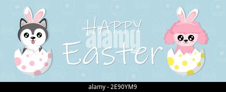 Happy Easter banner. Cute cartoon dogs husky and poodle hatching from easter eggs with pink rabbit ears. Festive spring holiday event design in flat c Stock Vector