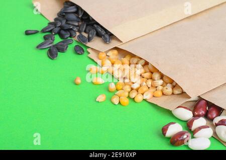 Vegetable seeds in kraft paper bags on bright background. Studio Photo Stock Photo