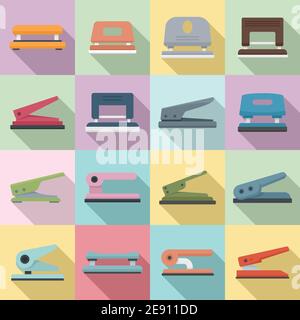 Hole puncher icons set, flat style Stock Vector
