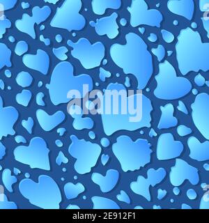 Water heart shape drops seamless pattern. Valentines day romantic weather. Rain splash on window glass hand drawn. Vector surface design on blue Stock Vector