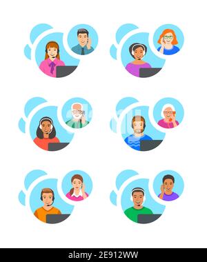 Customer support operators talk by phone with clients. Call center consultants, men and women of different races answer the questions of customers. On Stock Vector