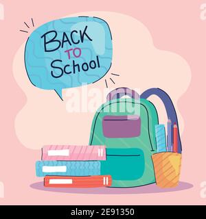 back to school lettering in speech bubble with schoolbag and books Stock Vector