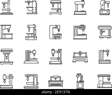 Milling Machine device icons set, outline style Stock Vector