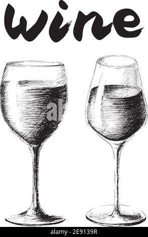 Vector monochrome sketch style illustration of two hand drawn glasses of wine isolated on white background. Stock Vector