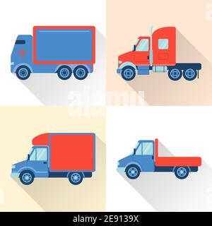 Set of truck icons in flat style with long shadow. Collection of cargo vehicle symbols isolated. Stock Vector