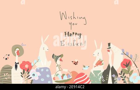 Cute cartoon bunnies and gooses with Easter eggs and flowers Stock Vector