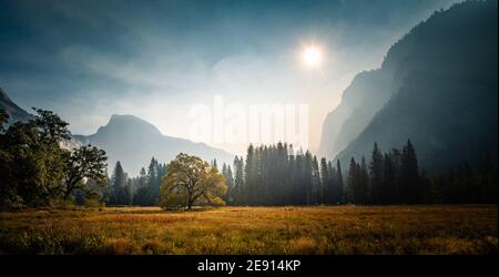 Panorama of Yosemite Valley during wildfires Stock Photo