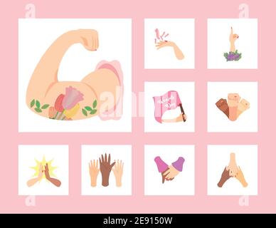 womens day, different hands female flowers icons vector illustration Stock Vector
