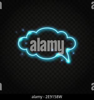 Neon blue cloud speech bubble with space for text. Abstract electric light frame isolated on dark background. Stock Vector