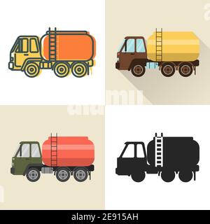 Tank truck icon set in flat and line styles. Tanker vehicle illustration. Transportation symbol isolated on white. Stock Vector