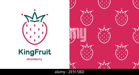 Strawberry with crown in doodle style and seamless pattern. Stylized fruit, berry. Stock Vector