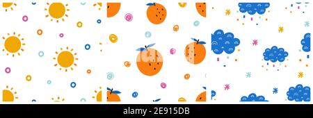 Abstract seamless pattern collection with sun, oranges and clouds with rainbows and abstract elements isolated on white background. Colorful minimalis Stock Vector