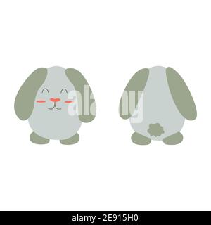 Cute Easter bunny with round egg shape body. Front view and back. Colorful cartoon vector illustration isolated. Happy Easter animal card Stock Vector