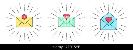 New message with counter. Inbox mail notification, incoming email with sunburst frame. Direct, private or personal message, received love letter, sms Stock Vector