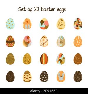 Set of 20 Easter eggs decorated. Traditional food and symbol for the Orthodox and Catholic holidays. Happy easter. Colorful cartoon vector illustratio Stock Vector