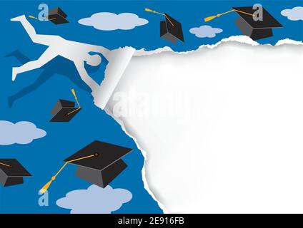 Man blowing in the wind, tearing paper, flying graduation caps. Crazy graduation announcement background  with place for your text or image. Stock Vector