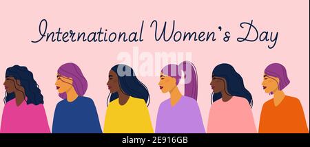 Happy women's day concept greeting card template with different ethnicity women. Colorful flat vector illustration for banner, card, postcard, invitat Stock Vector