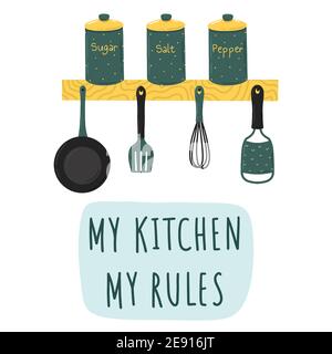 My kitchen my rules saying handwritten lettering with spices and cooking tools doodles isolated on white background. Vector illustration for design. Stock Vector