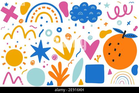 Abstract Scandinavian style baby elements collection isolated on white background. Rainbow, cloud, sun, fruits, geometric shapes and abstractions. Stock Vector