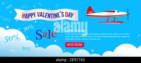 Web banner with a single engine airplane in the blue sky. Flying ad banner with the inscription Happy Valentine's Day Stock Vector