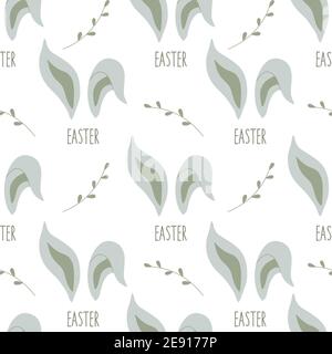 Seamless pattern with bunny ears, willow twigs and inscription Easter. Happy Easter. Colorful vector cartoon illustration on white background. Suitabl Stock Vector