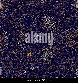 Seamless pattern with golden mandala on dark blue background. Arabic golden ornament for printing on fabric or paper. Stock Vector