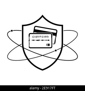 Shield with credit card icon. Linear shield icon. Vector illustration. Credit card protection symbol on white background Stock Vector