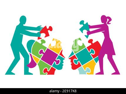 Couple,psychology of understanding and dialog, puzzle concept.  Twostylized silhouettes with puzzle heads. Stock Vector