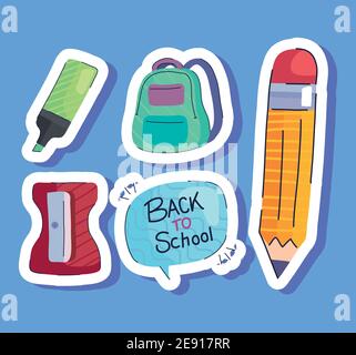 back to school lettering in speech bubble and set icons Stock Vector